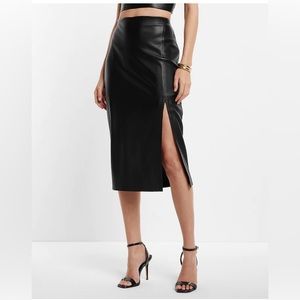 Super High Waisted Faux Leather Side Slit Midi Skirt